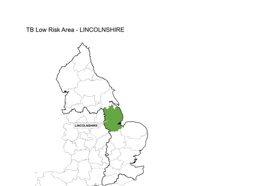 County map of England showing the Low Risk Area and highlighting the county of Lincolnshire.