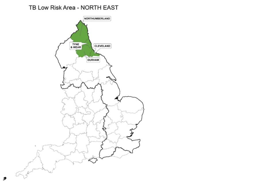 County map of England showing the Low Risk Area and highlighting the north-east of England including the counties of Northumberland, Durham, Cleveland, and Tyne & Wear