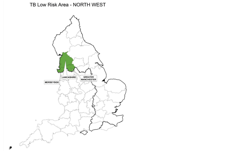 County map of England showing the Low Risk Area and highlighting the north-west of England including the counties of Lancashire, Merseyside, and Greater Manchester.