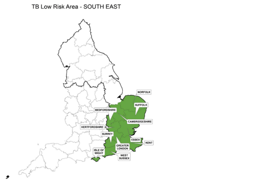 County map of England showing the Low Risk Area and highlighting the South East of England including the counties of Bedfordshire, Cambridgeshire, Essex, Isle of Wight, Hertfordshire, Kent, Greater London, Norfolk, Suffolk, Surrey and West Sussex.
