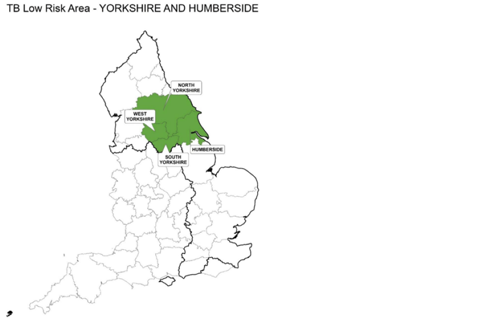 County map of England showing the Low Risk Area and highlighting Yorkshire and Humberside including the counties of North Yorkshire, West Yorkshire, South Yorkshire, and Humberside.