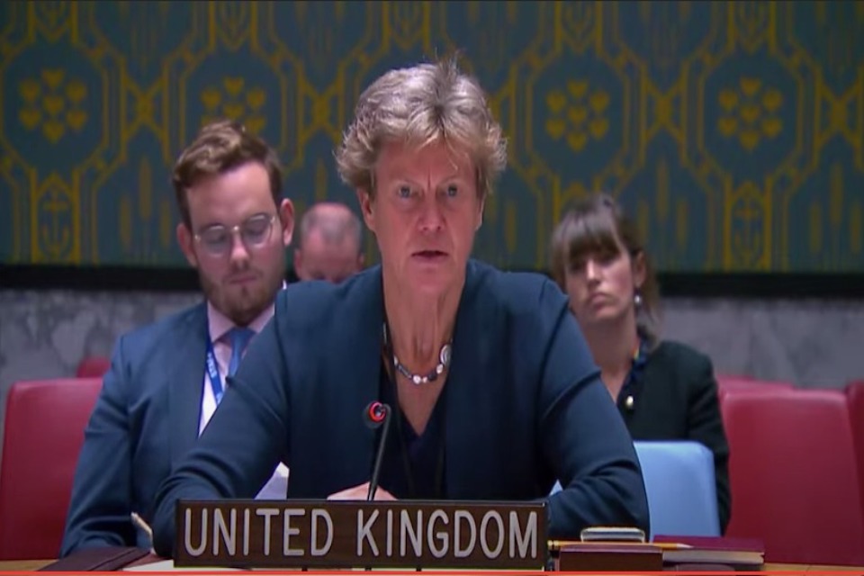 UK Ambassador Barbara Woodward speaks at the Security Council on Wednesday