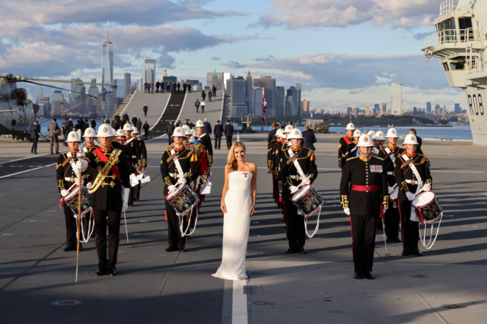 Katherine Jenkins OBE Performs God Save The King On Board The HMS Queen Elizabeth Aircraft Carrier Against The New York Skyline