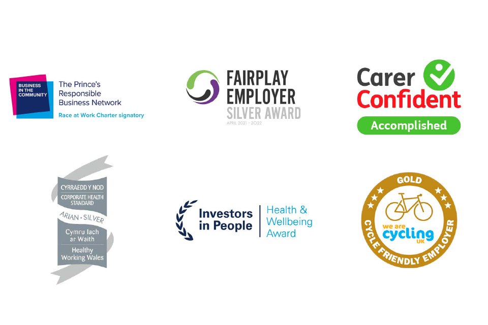 Awards for Fairplay Employer, Carer Confident, Investors in People (IIP), The Prince's Responsible Business Network, Healthy Working Wales, We are Cycling UK