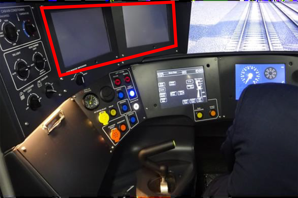 Interior of the class 710 driving cab with the DOO monitor screens highlighted (image courtesy of Arriva Rail London).
