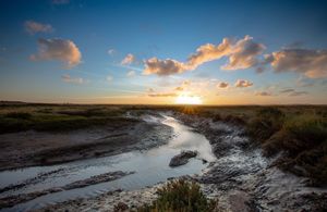 Autumn sunset over coastal marsh in Norfolk