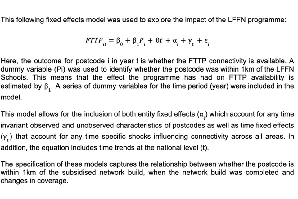 The fixed effects model explores the relationship between whether the postcode is within 1km of the subsidised network build