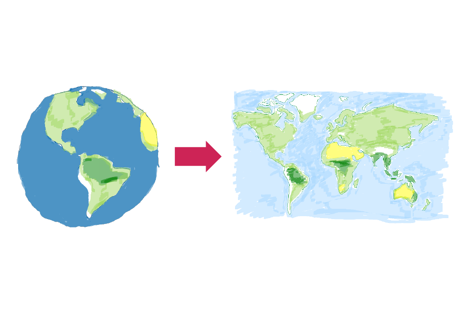 The world projected as a map with associated distortions.