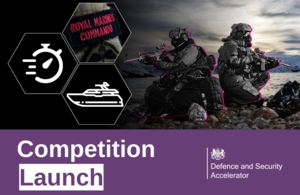 Image of 2 Royal marine Commandos crouching at a shoreline. In the foreground, there is an icon of a fast medium sized boat and a stopwatch, and also an image of the Royal marine Commando badge.