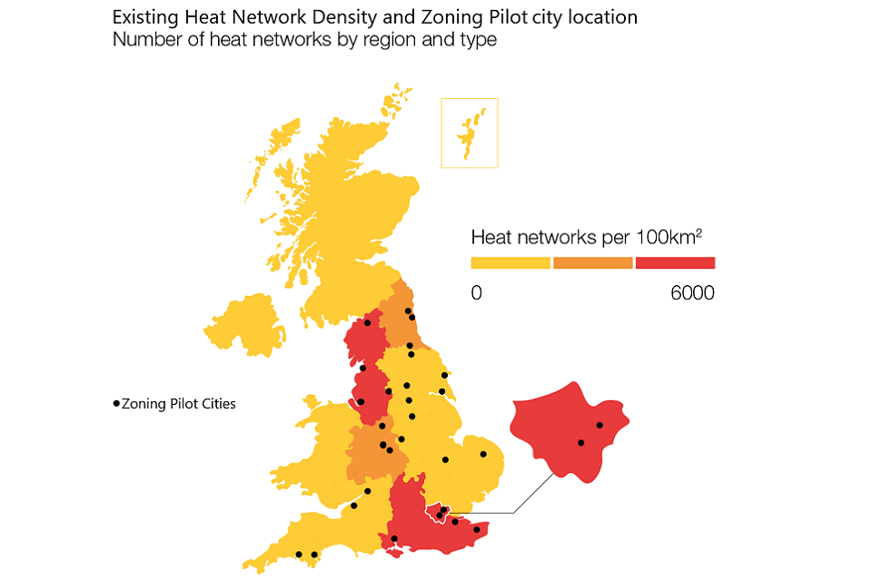 Existing heat network density and zoning pilot city location: number of heat networks by region and type