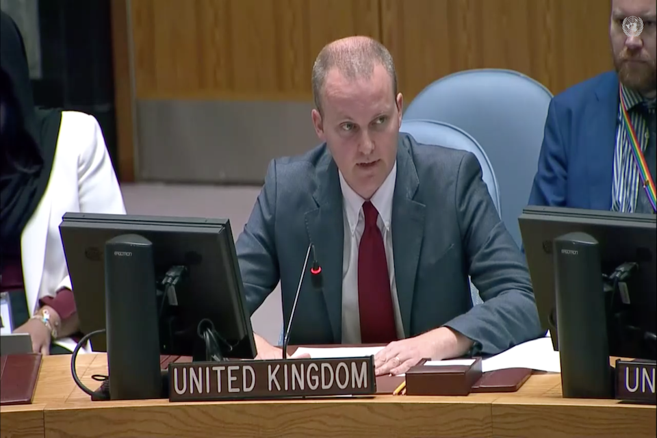 Fergus Eckersley, UK Political Coordinator at the UN, speaks to the Security Council on Thursday
