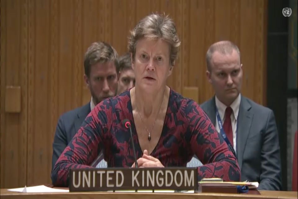 Ambassador Barbara Woodward speaks at the UN Security Council on Thursday