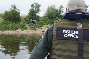 Behind-the-shoulder view of a man wearing a vest with 'fisheries officer' on it looking at anglers on the opposite riverbank