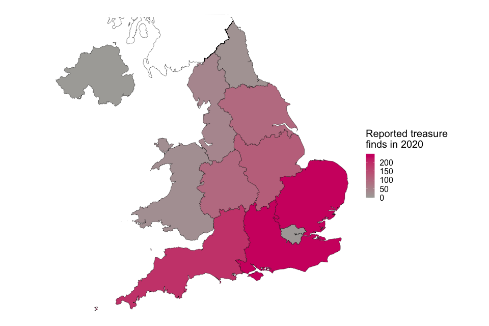 A map of the United Kingdom (not including Scotland) and how many treasure finds are made by region. The southern regions of England have more treasure finds than other regions of England, as well as Wales and Northern Ireland.