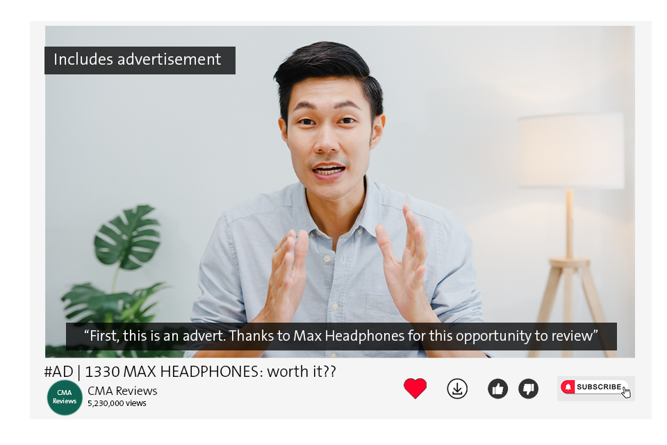 YouTube influencer thanks Max Headphones for the chance to review their product, clearly saying the video is a paid ad. The title is '#AD | 1003 Max Headphone: worth it??'. There is a card on the video also stating it includes paid promotion.