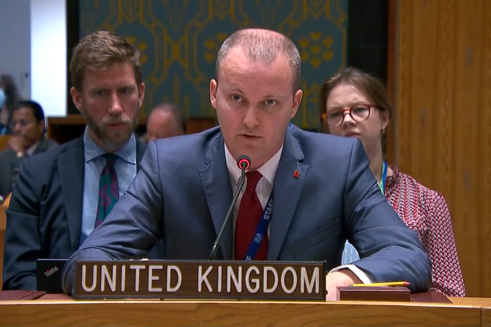 Fergus Eckersley, UK Political Coordinator at the UN, speaks to the UN Security Council on Monday