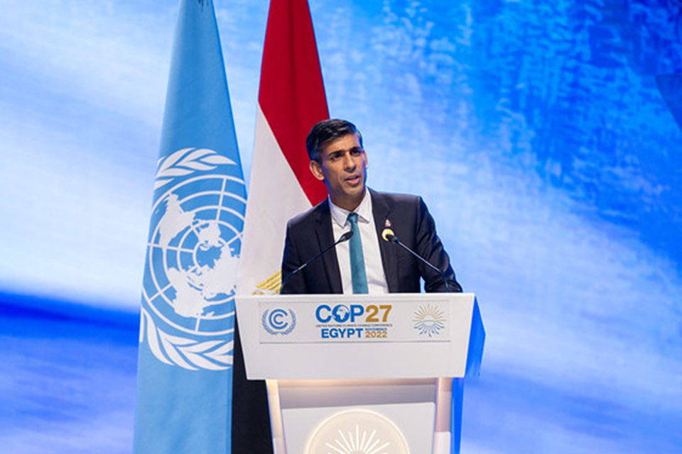 The Prime Minister Rishi Sunak makes a statement in the main assembly hall to COP27.