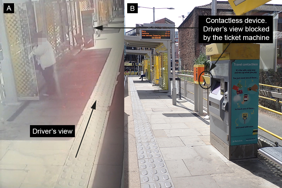 Image A: View from cab CCTV monitor providing mirror image view looking along Shudehill tram stop platform (reconstruction). Image B: Location of contactless device where passenger was stood.