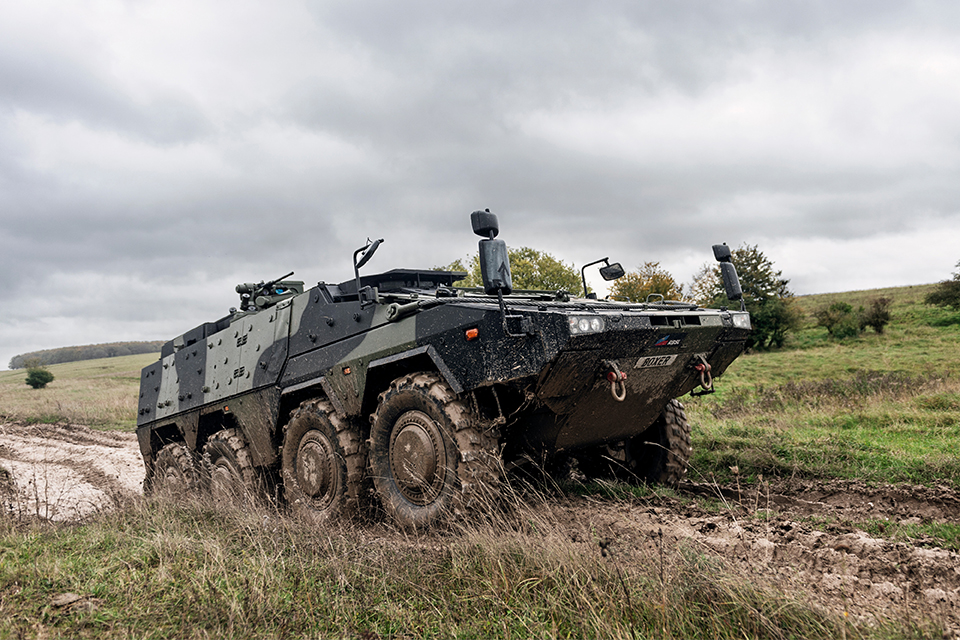 An eight-wheeled armoured Boxer vehicle 