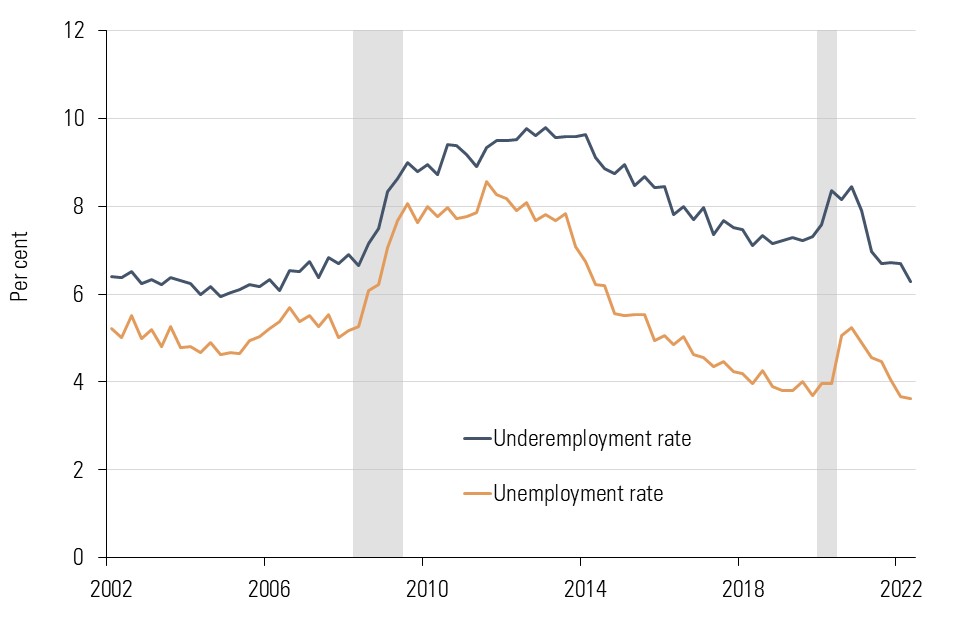 Chart shows that post financial crisis both unemployment and underemployment steadily fell before rising sharply with the pandemic. In last year both fell again with underemployment close to pre-financial crisis rate while unemployment rate is now lower.