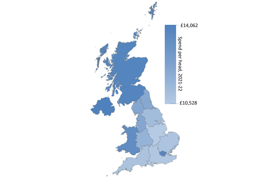 A map showing total expenditure on services, per head, in 2021-22 by UK ITL region