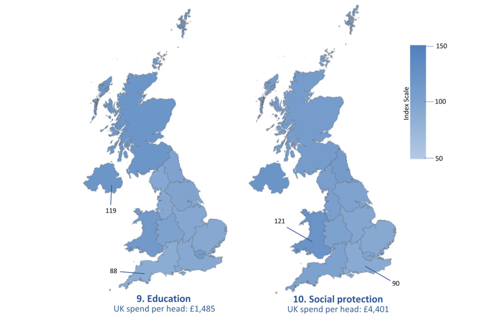 Maps based on Table A.16: UK identifiable expenditure by function, per head, indexed, 2021-22