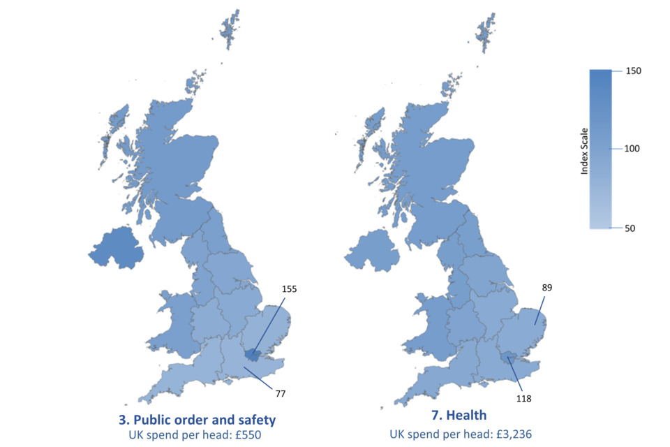 Maps based on Table A.16: UK identifiable expenditure by function, per head, indexed, 2021-22