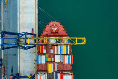 Bird's eye view of cargo ship loaded with containers