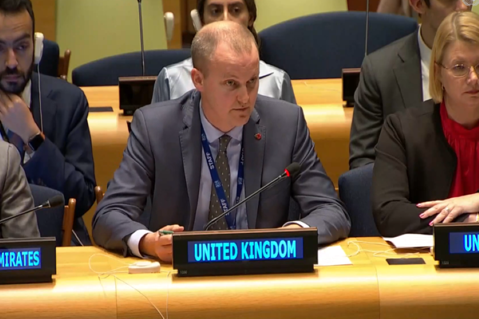 Fergus Eckersley, UK Political Coordinator at the UN, speaks to the UN Security Council on Monday
