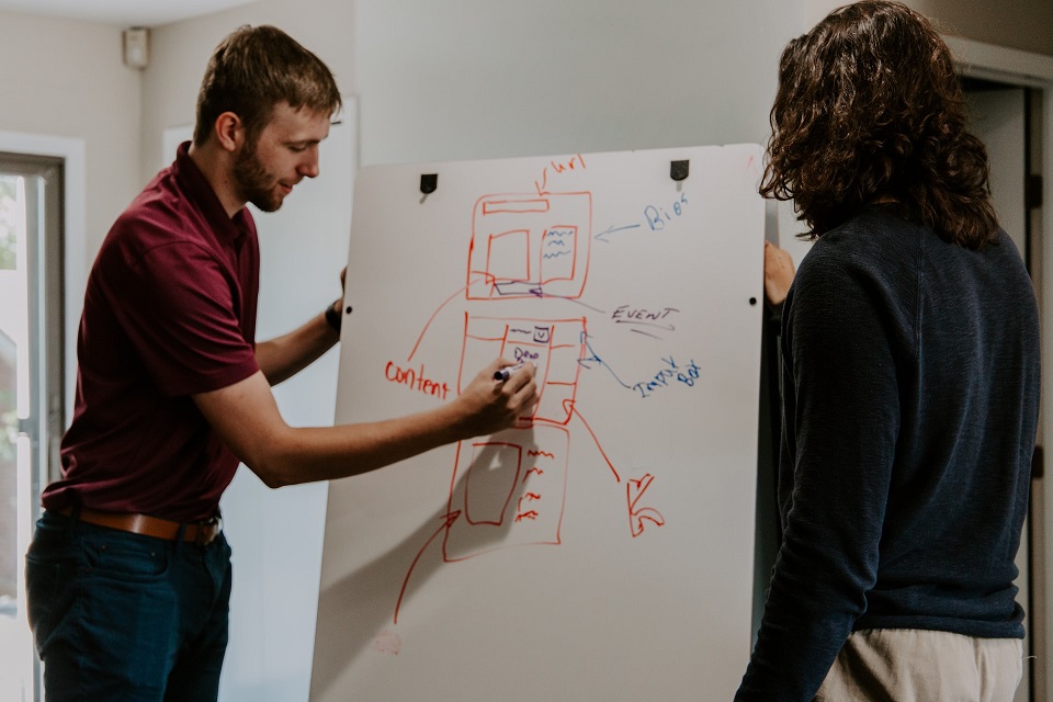 Man writing on a whiteboard. Rear view of a woman with dark hair standing next to the whiteboard.