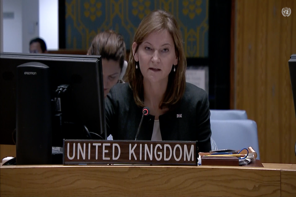 UK Diplomat Alice Jacobs speaks to the Security Council