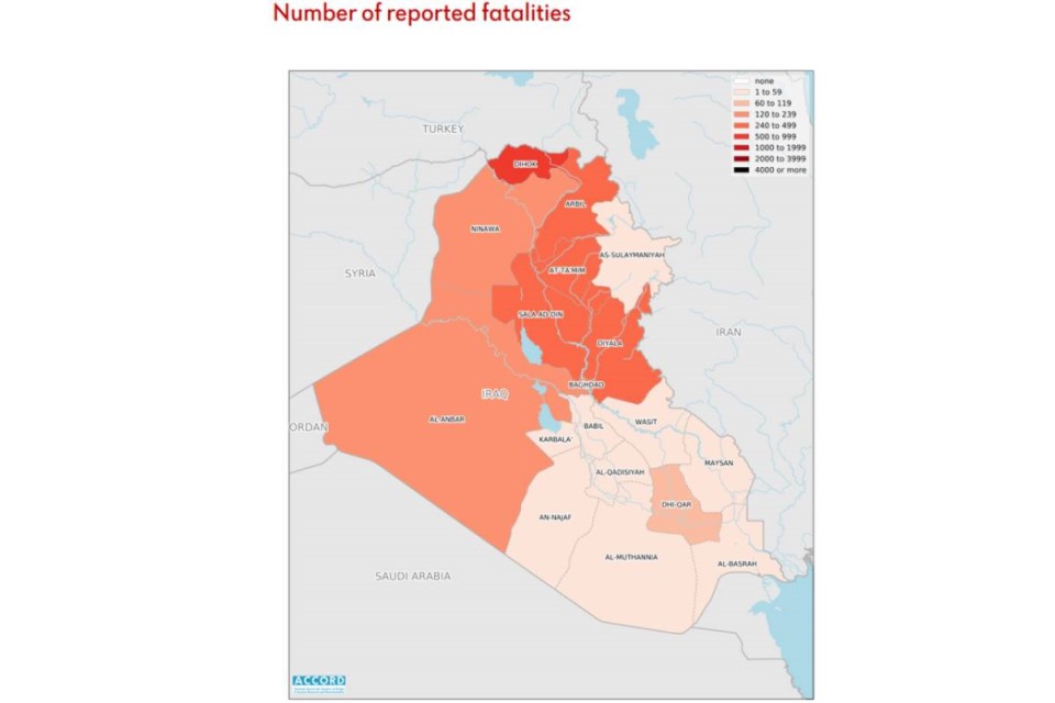 Map showing the number of civilian and combatant fatalities across the different provinces across Iraq and the Iraqi Kurdistan Region