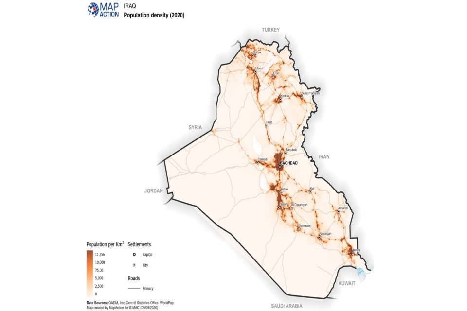 Map showing the population density of Iraq