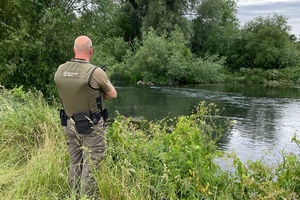 The back of a fisheries officer looking down on a river