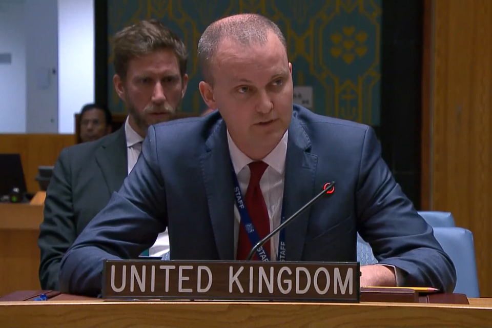 Fergus Eckersley, UK Political Coordinator at the UN, speaks to the UN Security Council on Wednesday