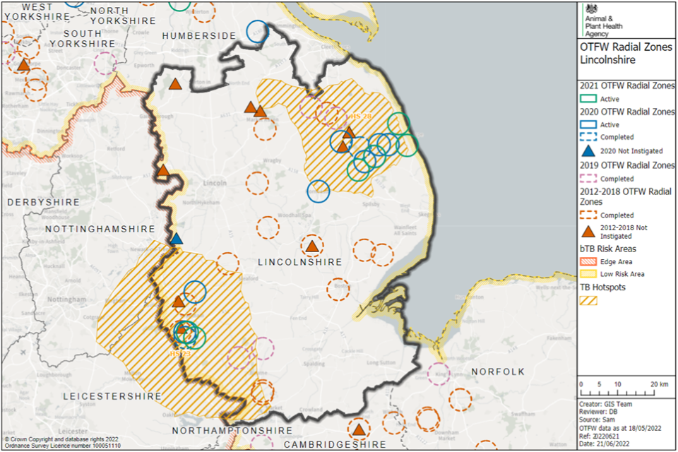 There is 1 confirmed TB hotspot area, HS23 in south-west Lincolnshire and 1 potential TB hotspot area, HS28 in north-east Lincolnshire. Both are shown as hatched areas. All 2021 radial zones overlap with HS23 or HS28.