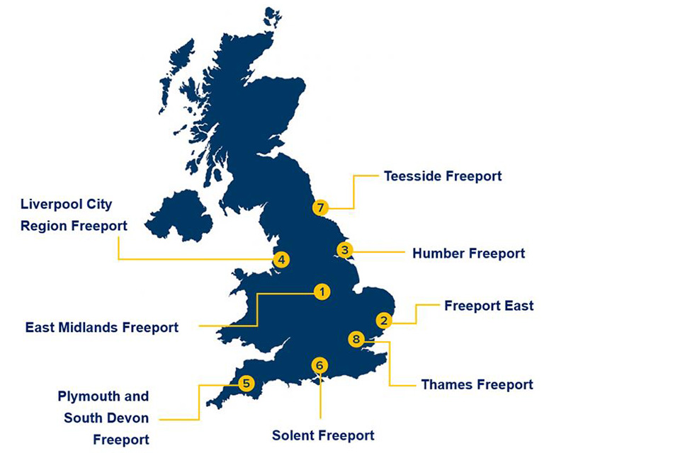 Map of the UK showing location of  Freeports 1. East Midlands, 2. Freeport East (Felixstowe and Harwich), 3. Humber, 4. Liverpool City Region Freeport, 5. Plymouth and South Devon, 6. Solent, 7. Teesside, 8. Thames Freeport.