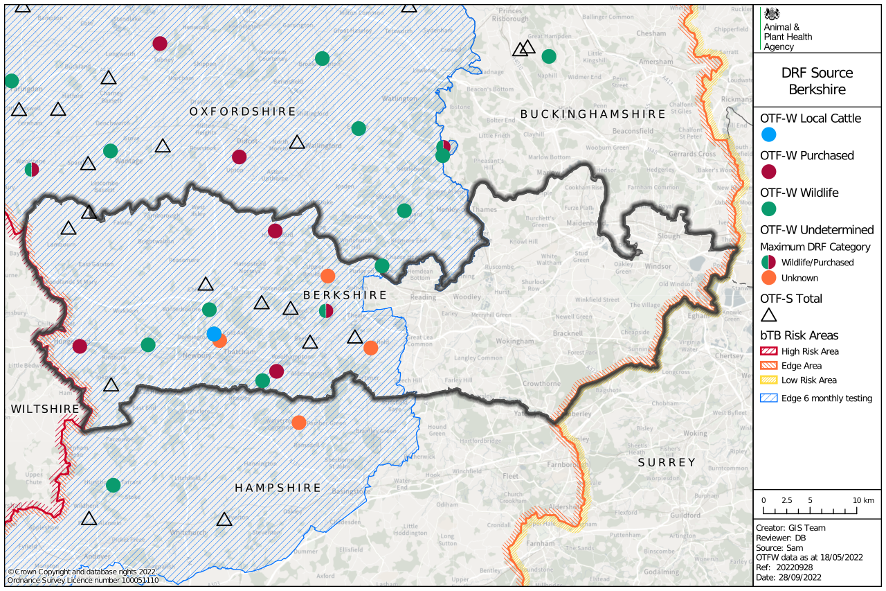 Map of Berkshire showing data points of OTF-W as circles, and OTF-S as triangles. Colour is used to denote whether the source is from local cattle, purchased, wildlife or is undetermined. Sources are mixed without evidence of clustering.