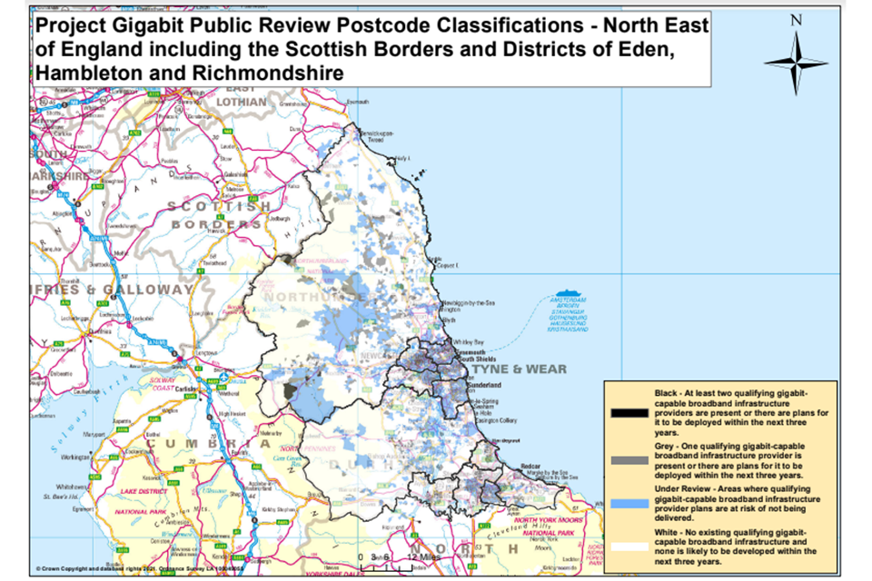 классификационная карта почтовых индексов северо-востока Англии, включая границы с Шотландией