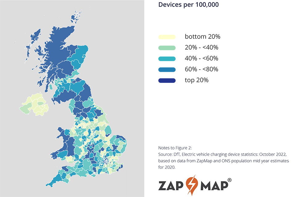 Map showing that the geographical distribution of public chargepoints across the UK is uneven. The map shows devices per 100,000, highlighting significant differences between nations, regions and local authorities.