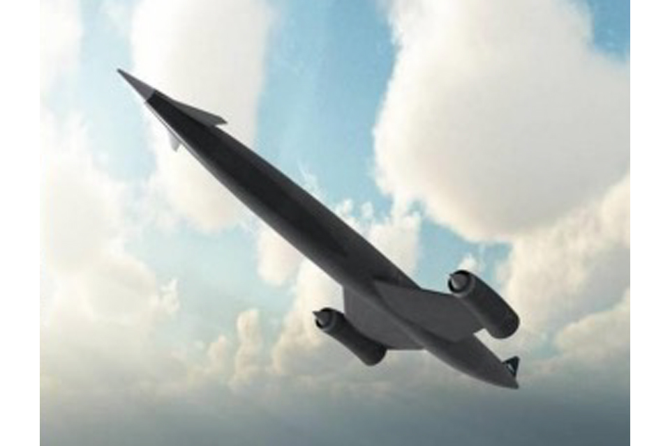 This image is concept art of a SKYLON space plane. The image shows the underside of the place flying through the sky.