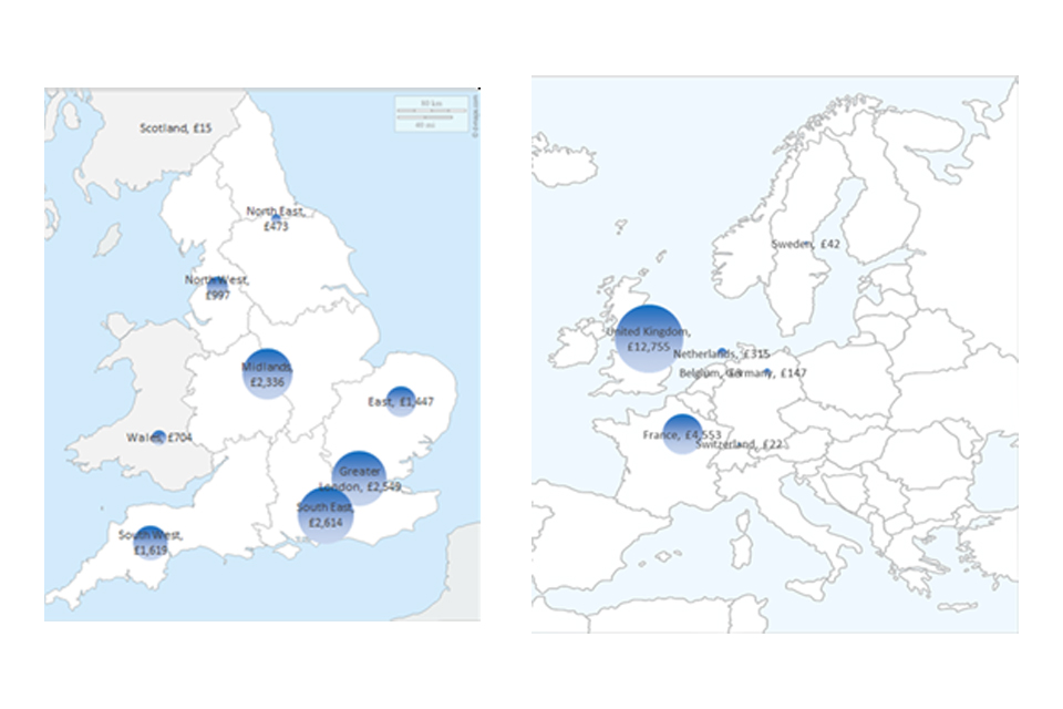 This image shows two maps. On each map there are a number of blue circles and within these blue circles there are figures in GBP to show each area’s individual spending profile from 2020 to 2021.