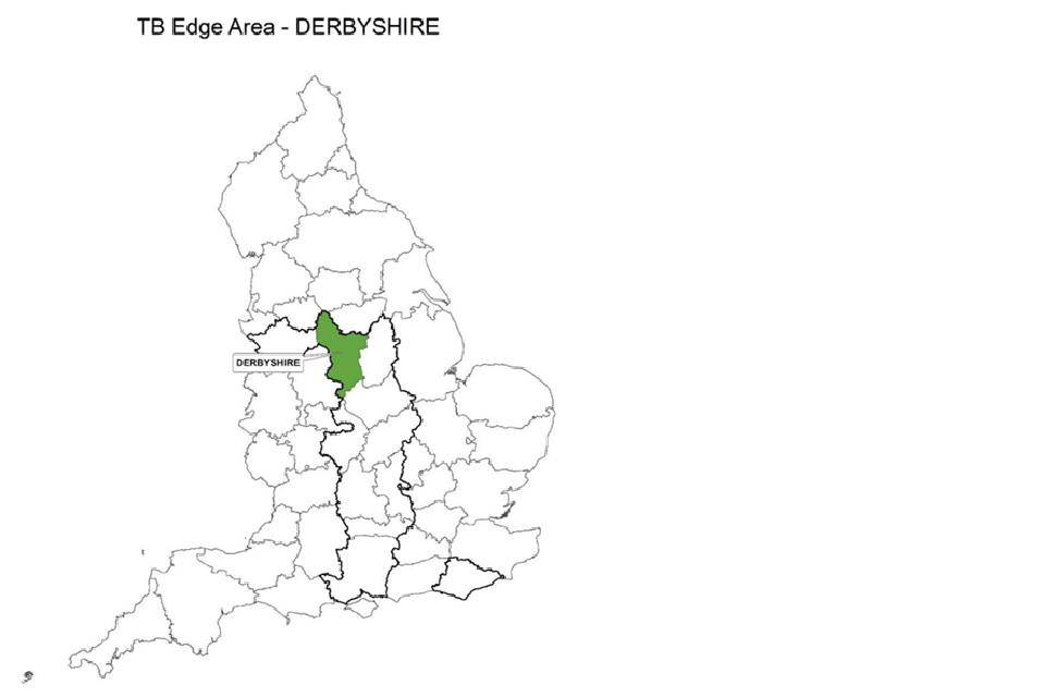 County map of England showing the Edge Area and highlighting the county of Derbyshire.