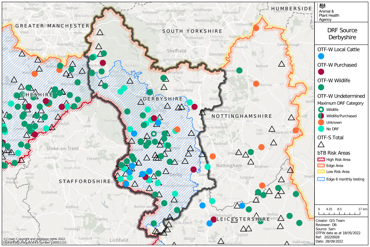 Map of Derbyshire showing data points of OTF-W as circles, and OTF-S as triangles. Colour is used to denote whether the source is from local cattle, purchased, wildlife or is undetermined.