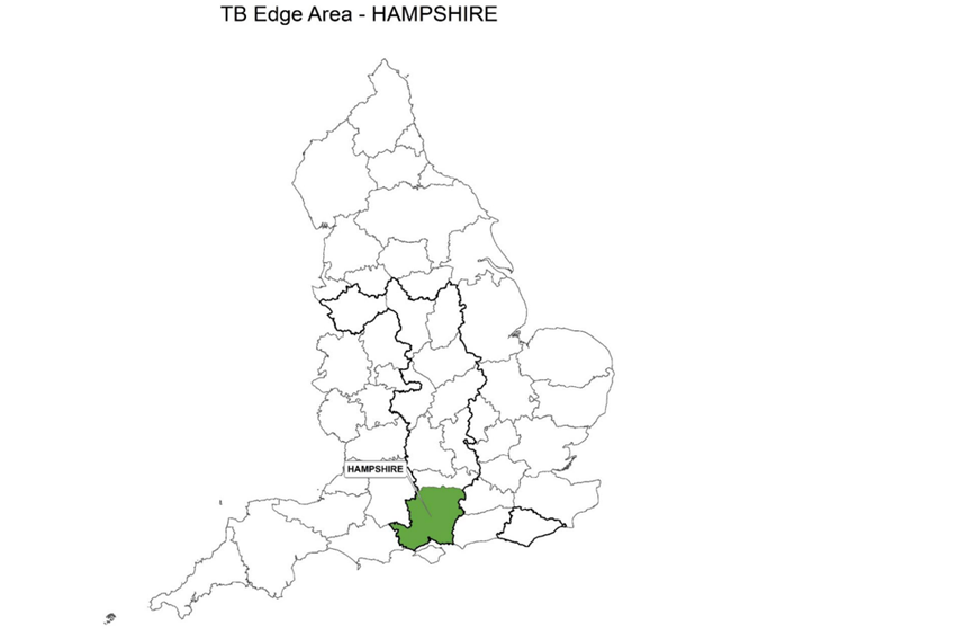 County map of England showing the Edge Area and highlighting the county of Hampshire.