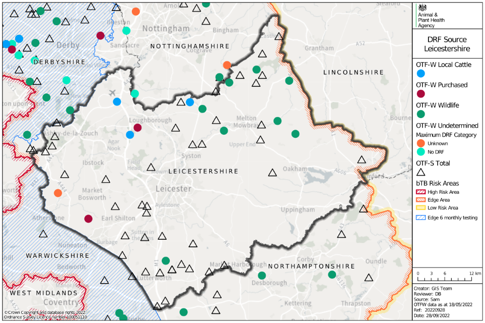 Map of Leicestershire showing data points of OTF-W as circles, and OTF-S as triangles. Colour is used to denote whether the source is from local cattle, purchased, wildlife or is undetermined. 