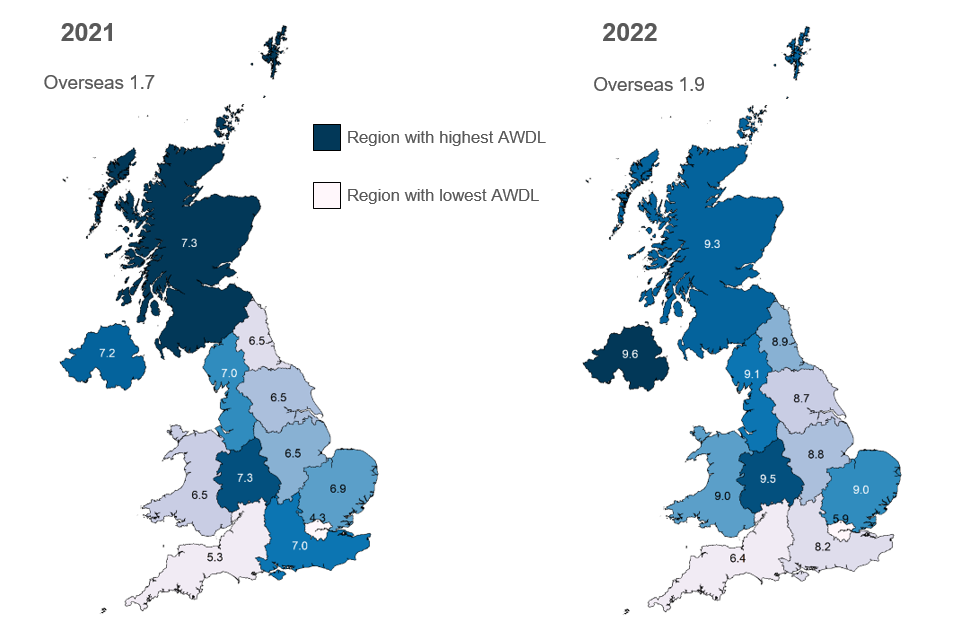 Maps showing average working days lost by region in 2021 and 2022 