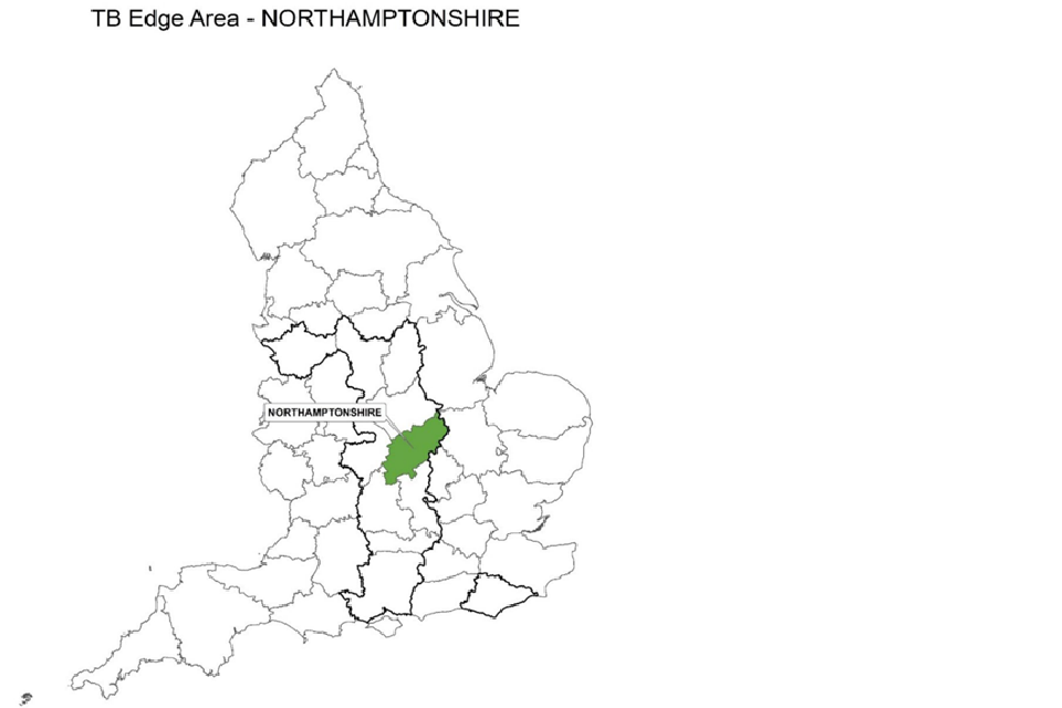 County map of England showing the Edge Area and highlighting the county of Northamptonshire.