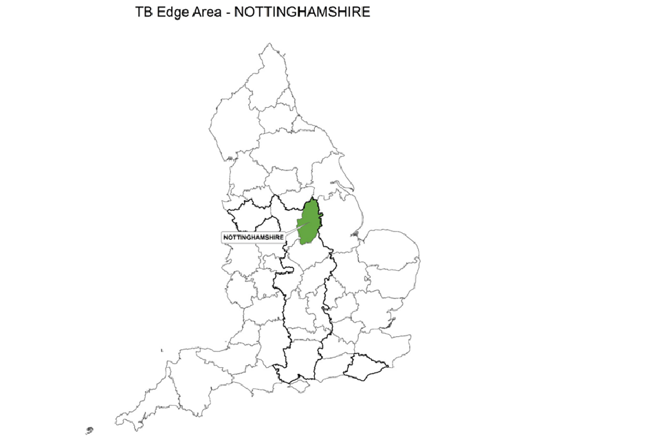 County map of England showing the Edge Area and highlighting the county of Nottinghamshire.
