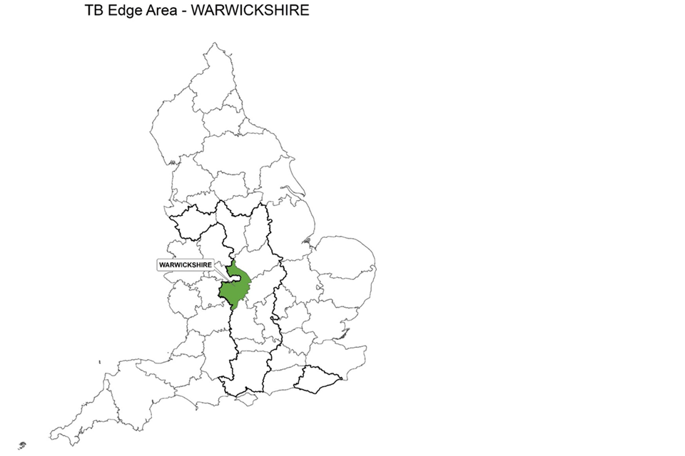 County map of England showing the Edge Area and highlighting the county of Warwickshire.